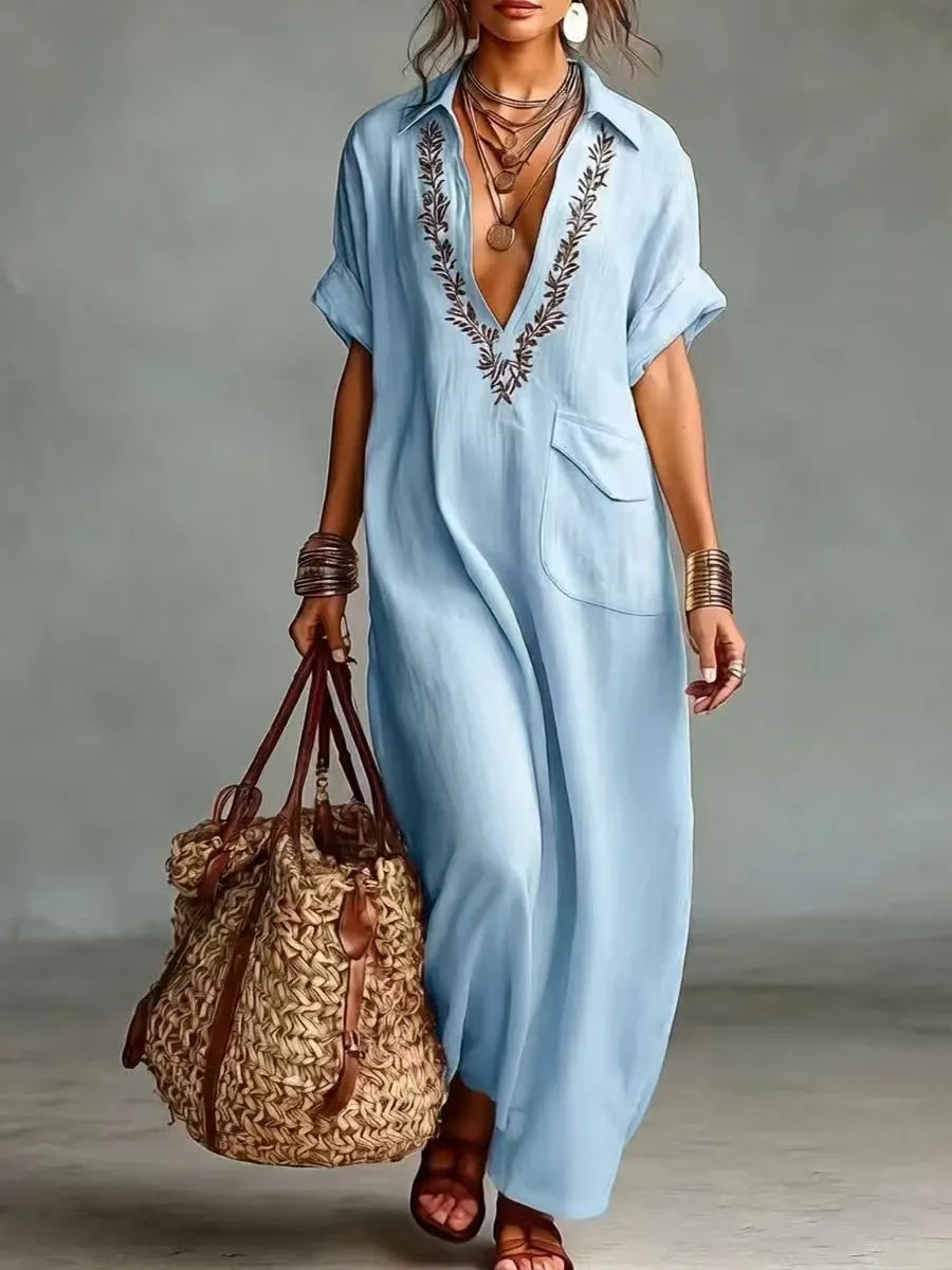 Bohemian Embroidered Linen Maxi Dress