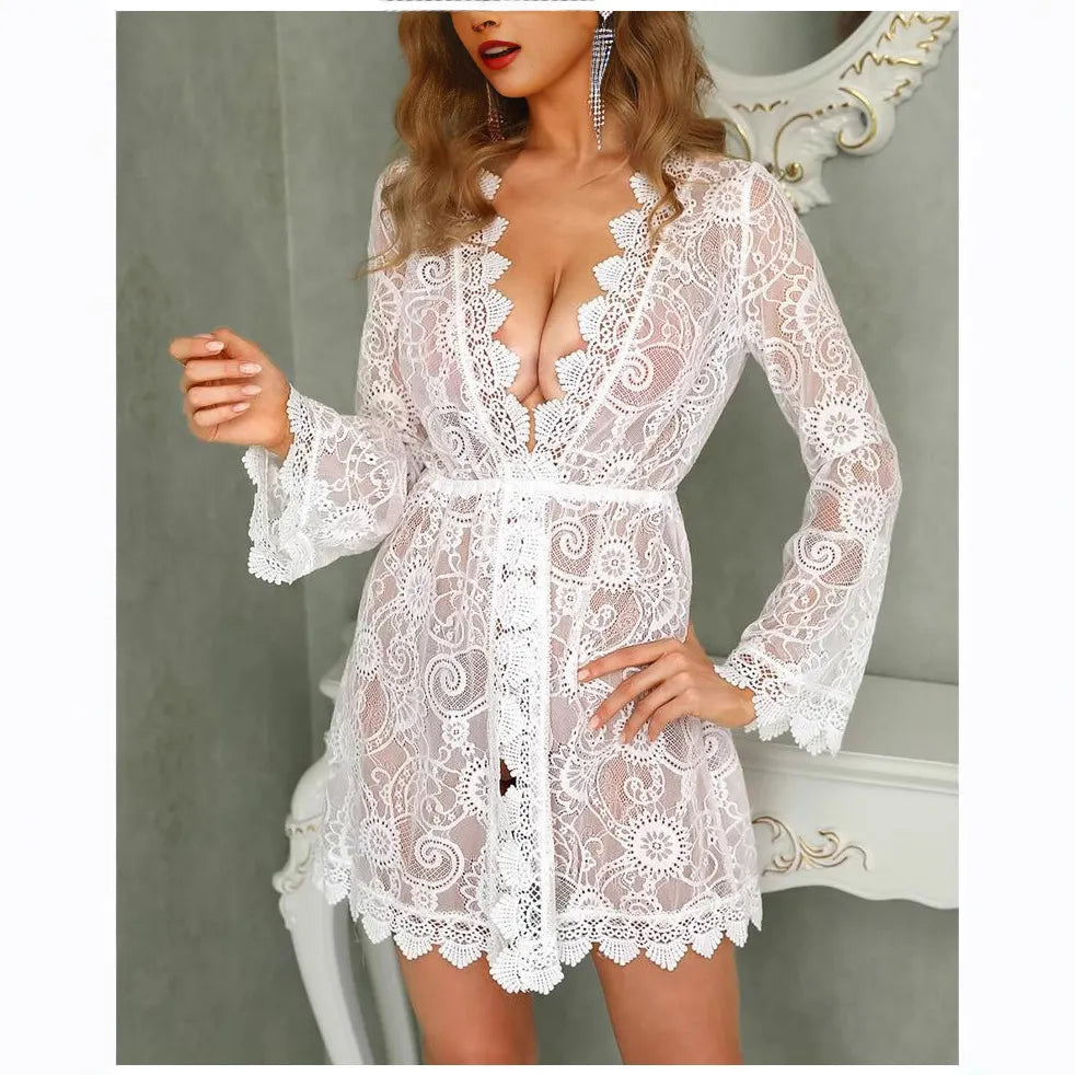 V-Neck Long Flare Sleeve Hollow Lace Drawstring Waist Cover-Up Romper Dress