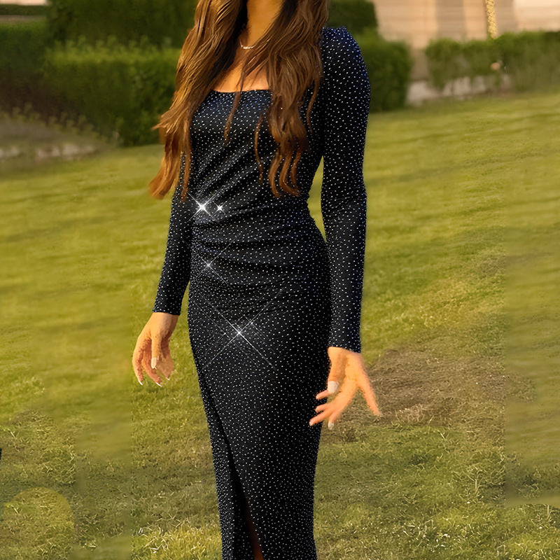 Black Glitter Square Neck Long Sleeve Bodycon Maxi Dress