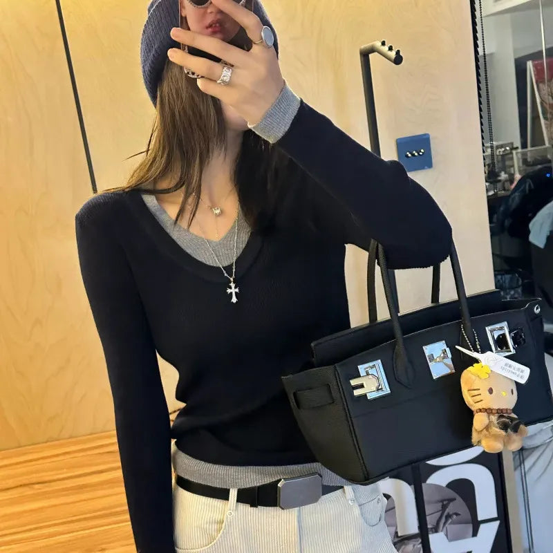 Mock Two‑Piece Contrast V Neck Ribbed Knit Top