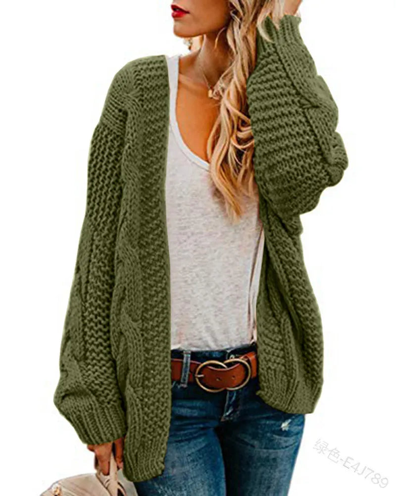 Open Front Cable Knit Sweater Coat Long Sleeve Loose Fit Red Knit Cardigan
