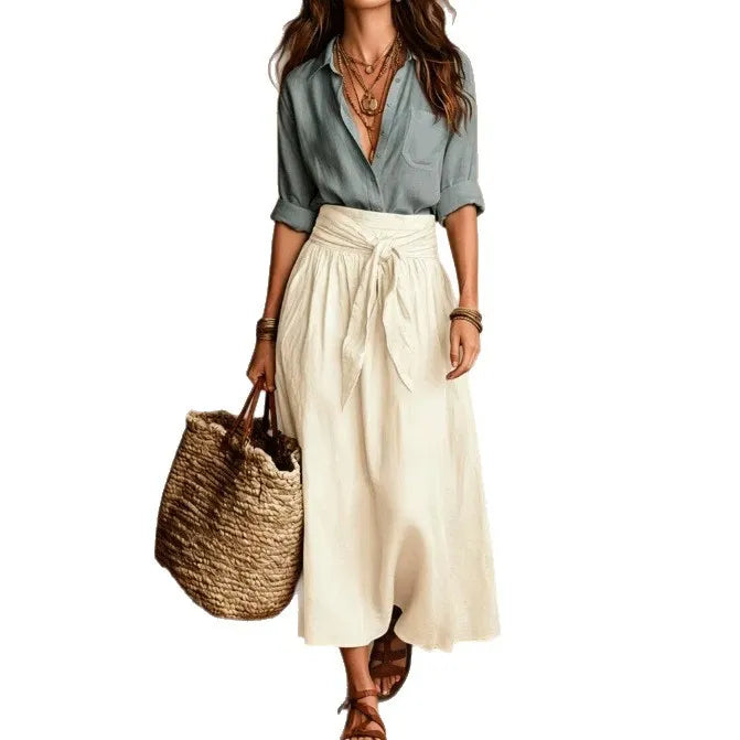 Color Matching Long Sleeve Shirt & Tie Waist Midi Skirt Two Piece Set