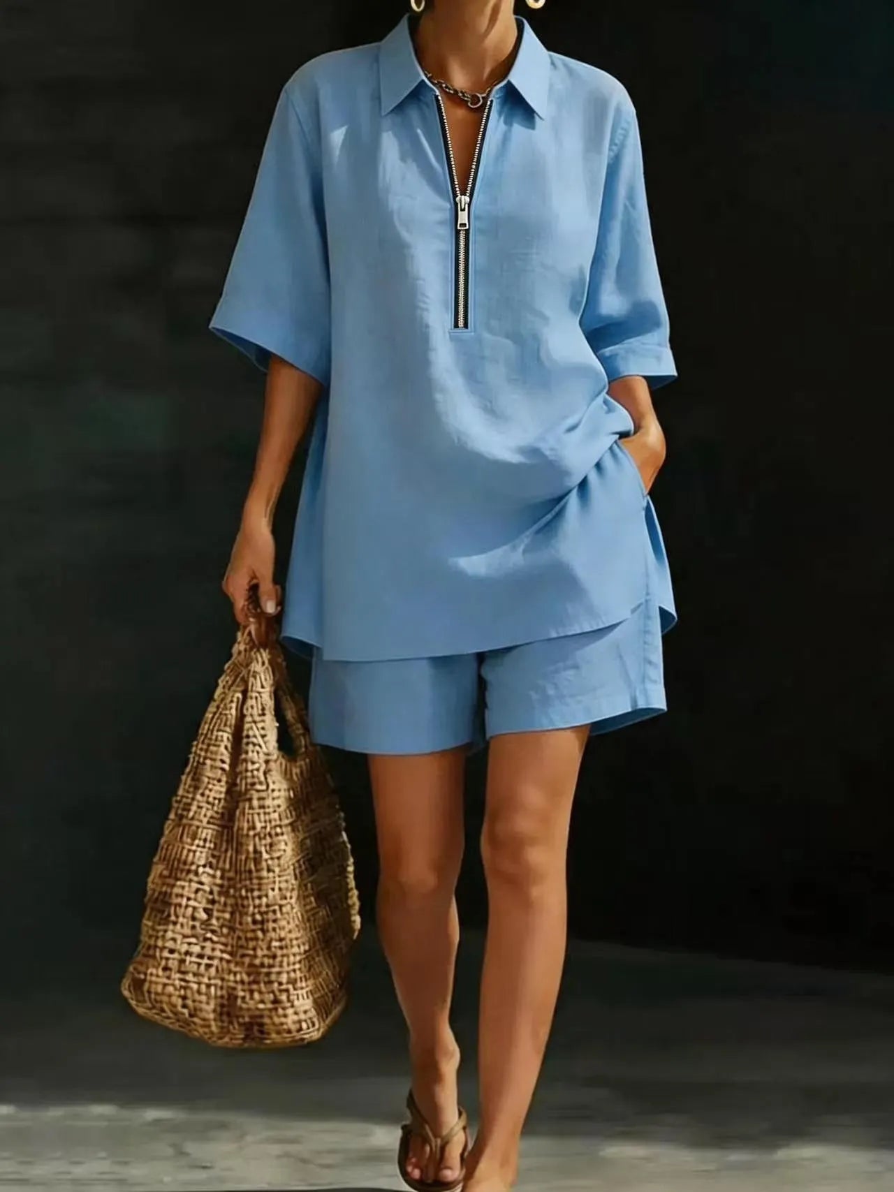 White Half-Zip Shirt & Shorts Linen Set