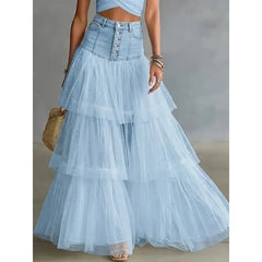 High Waist Denim Patchwork Tiered Tulle Maxi Skirt