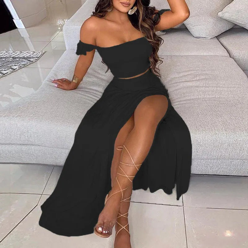 Off Shoulder Ruffle Crop Top & Floral Print High Slit Maxi Skirt 2 Piece Outfit Set