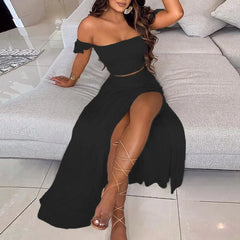 Off Shoulder Ruffle Crop Top & Floral Print High Slit Maxi Skirt 2 Piece Outfit Set