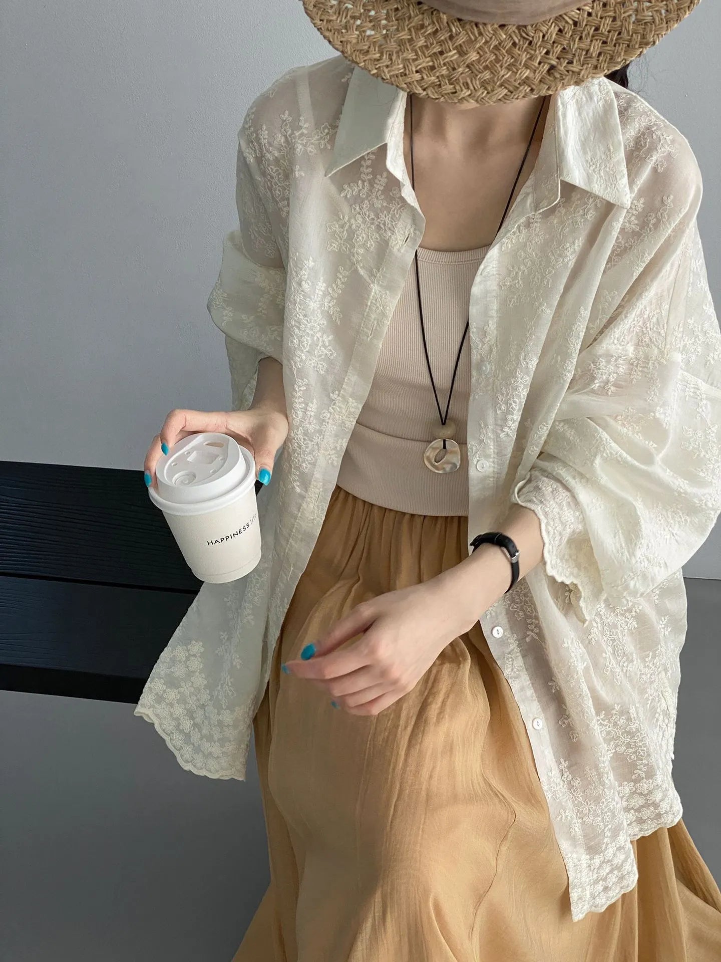 Floral Embroidery Back Tie Sheer Bubble Long Sleeve Oversized Shirt