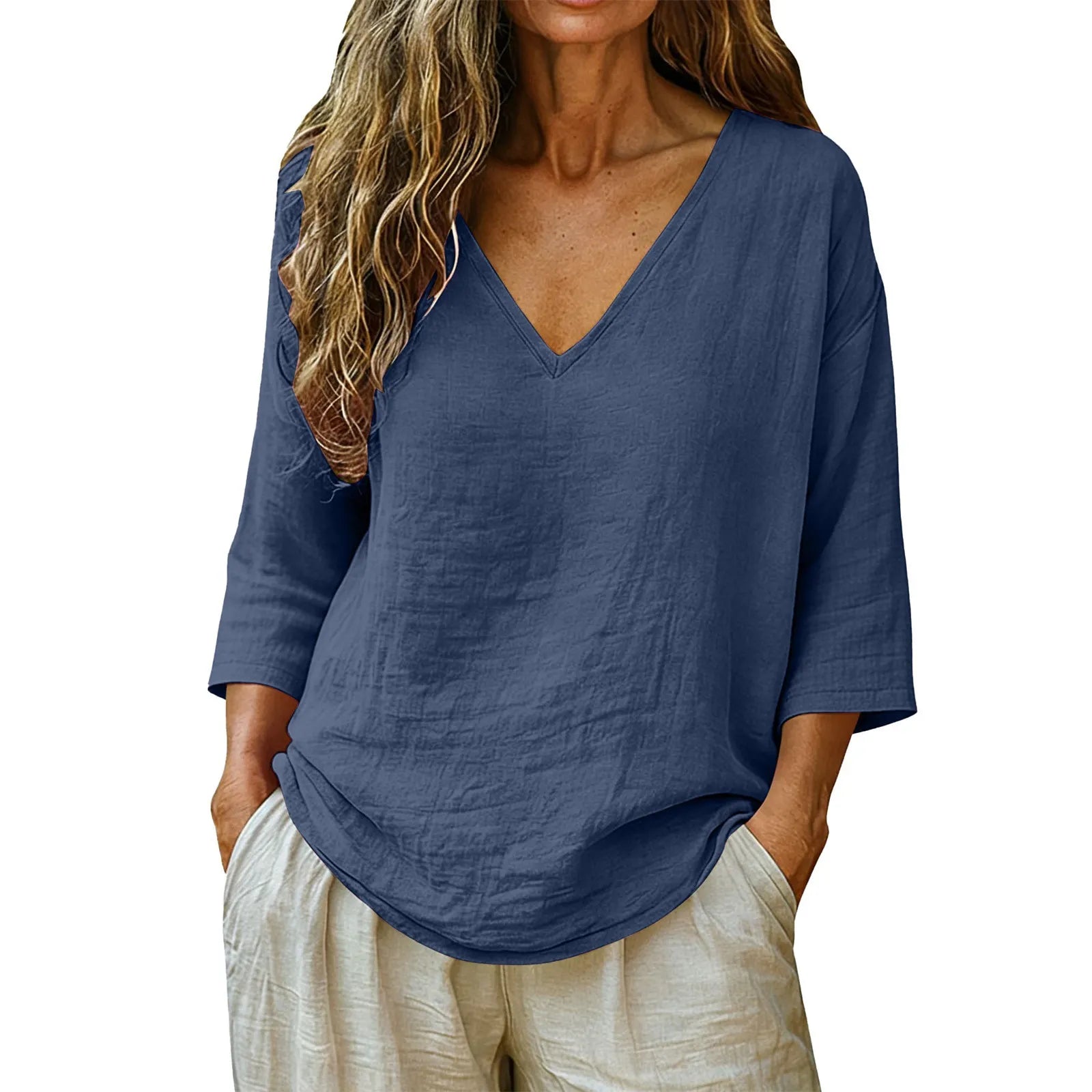 V-Neck Solid Color Loose Three-Quarter Sleeve Casual Polyester Tee