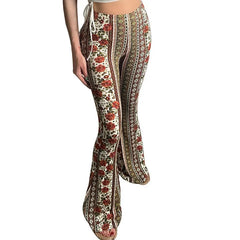 Vintage Ethnic Print High Waist Stretch Flared Casual Pants