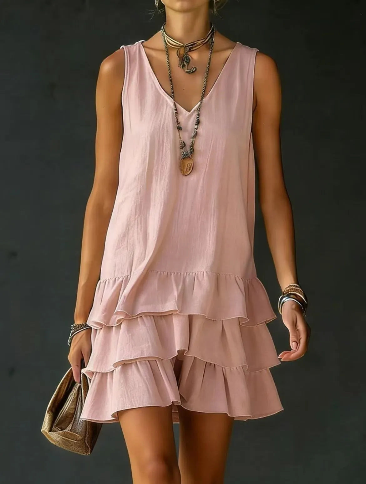 Sleeveless V-Neck Loose Tiered Ruffle Hem Solid Casual Mini Dress