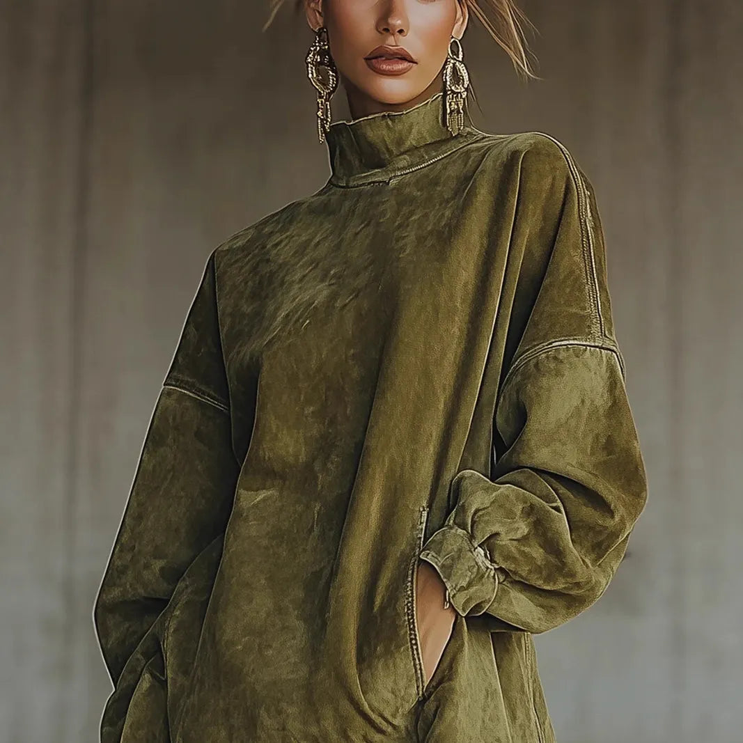 Retro Suede Fringe Hem Turtleneck Tunic Dress