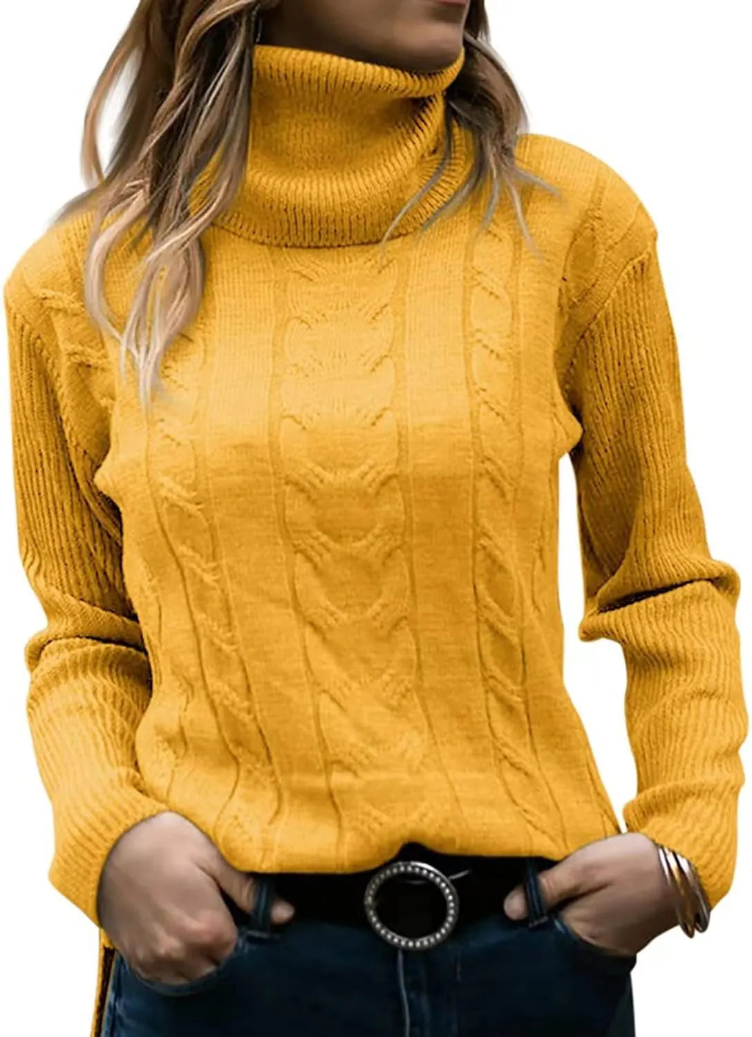 Thick Cable Knit Turtleneck Sweater, Classic Warm Long Sleeve Winter Jumper