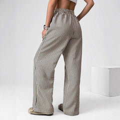 Striped Elastic Waist Straight Leg Casual Long Pants