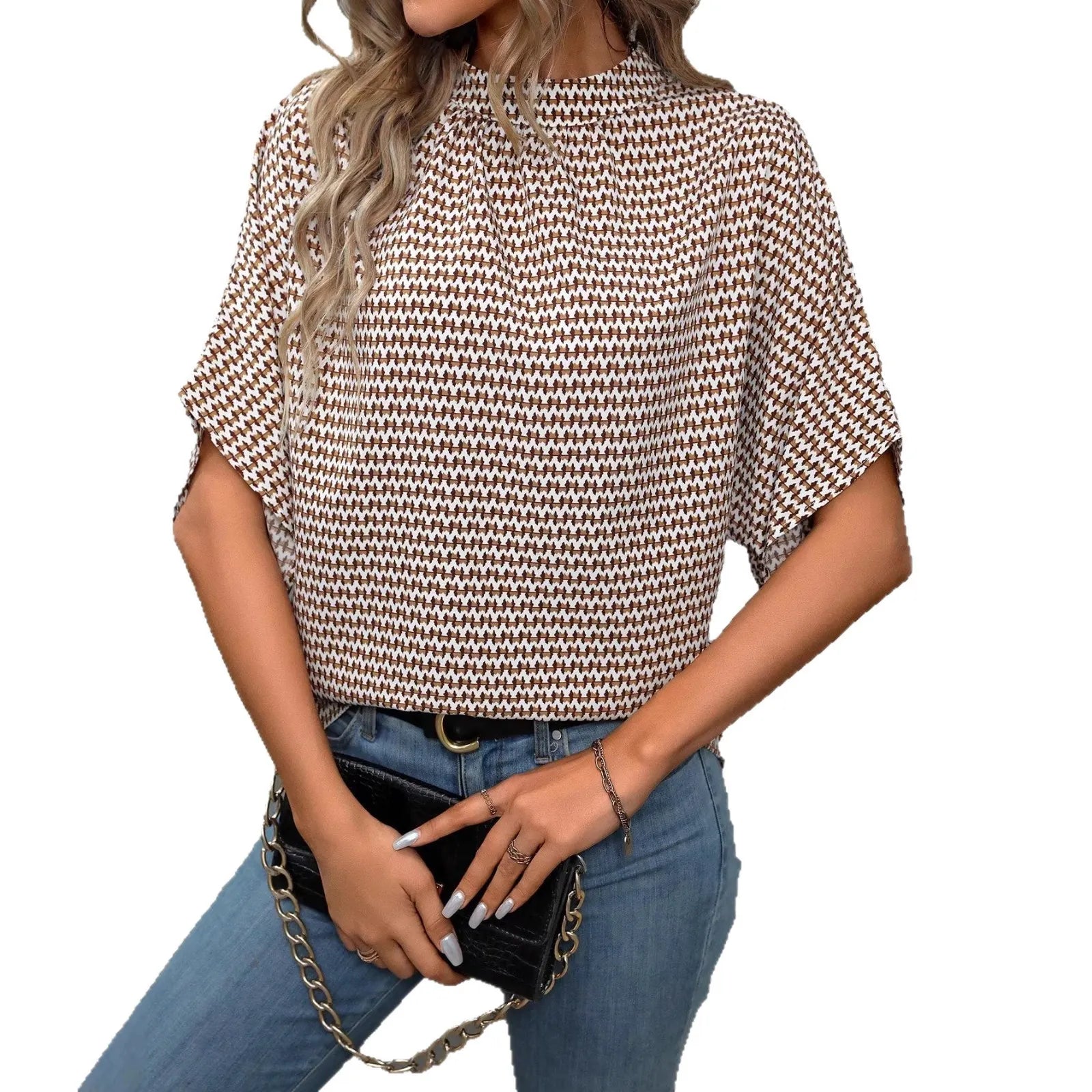 Houndstooth Plaid Round Neck Short Sleeve Loose Casual T-Shirt