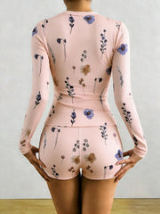 Floral Print Cutout Long Sleeve Top & Shorts Pajama Set