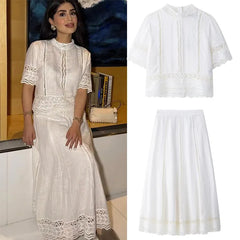 Lace Cutout Half Sleeve Crop Blouse & Midi Skirt Two Piece Set