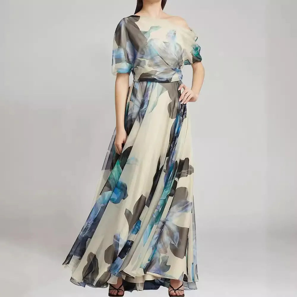 Watercolor Floral Asymmetrical Off-Shoulder Chiffon Maxi Dress