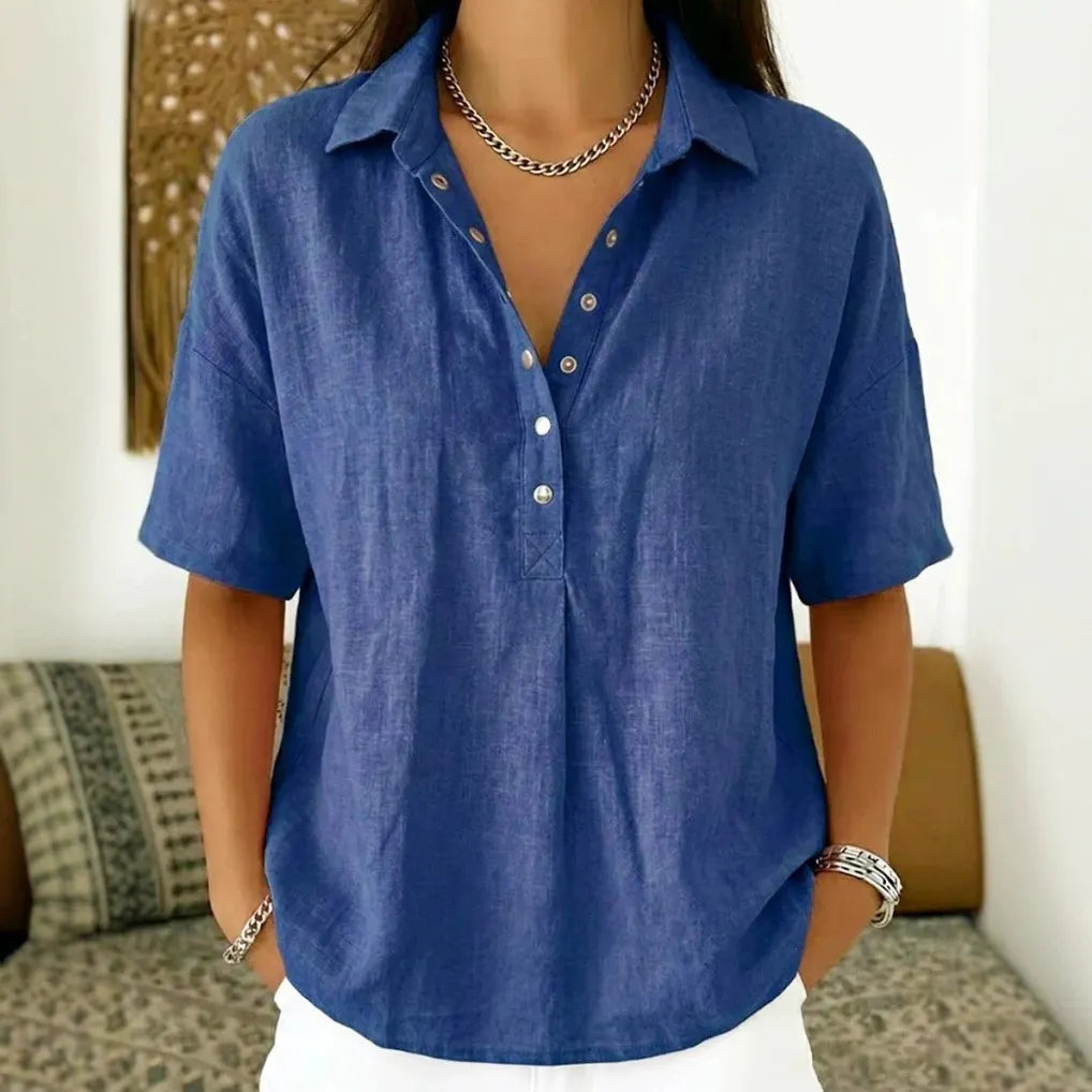 Solid Color Lapel Half-Button Short Sleeve Blouse
