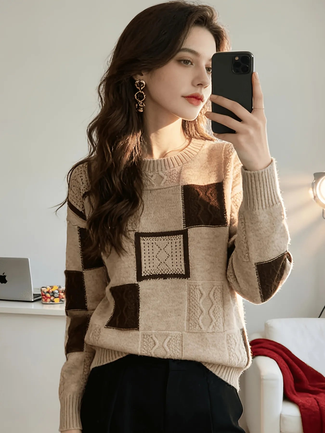 Color Block Patchwork Cable Knit Sweater