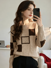 Color Block Patchwork Cable Knit Sweater