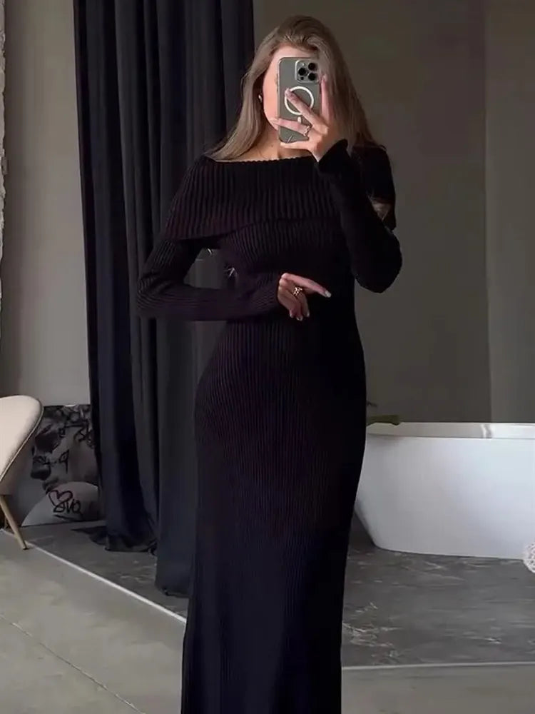 Off Shoulder Ribbed Knit Maxi Dress