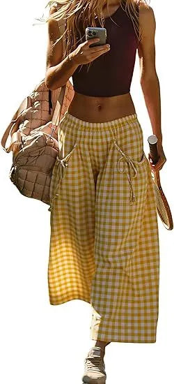 Plaid Drawstring Wide Leg Cropped Pants