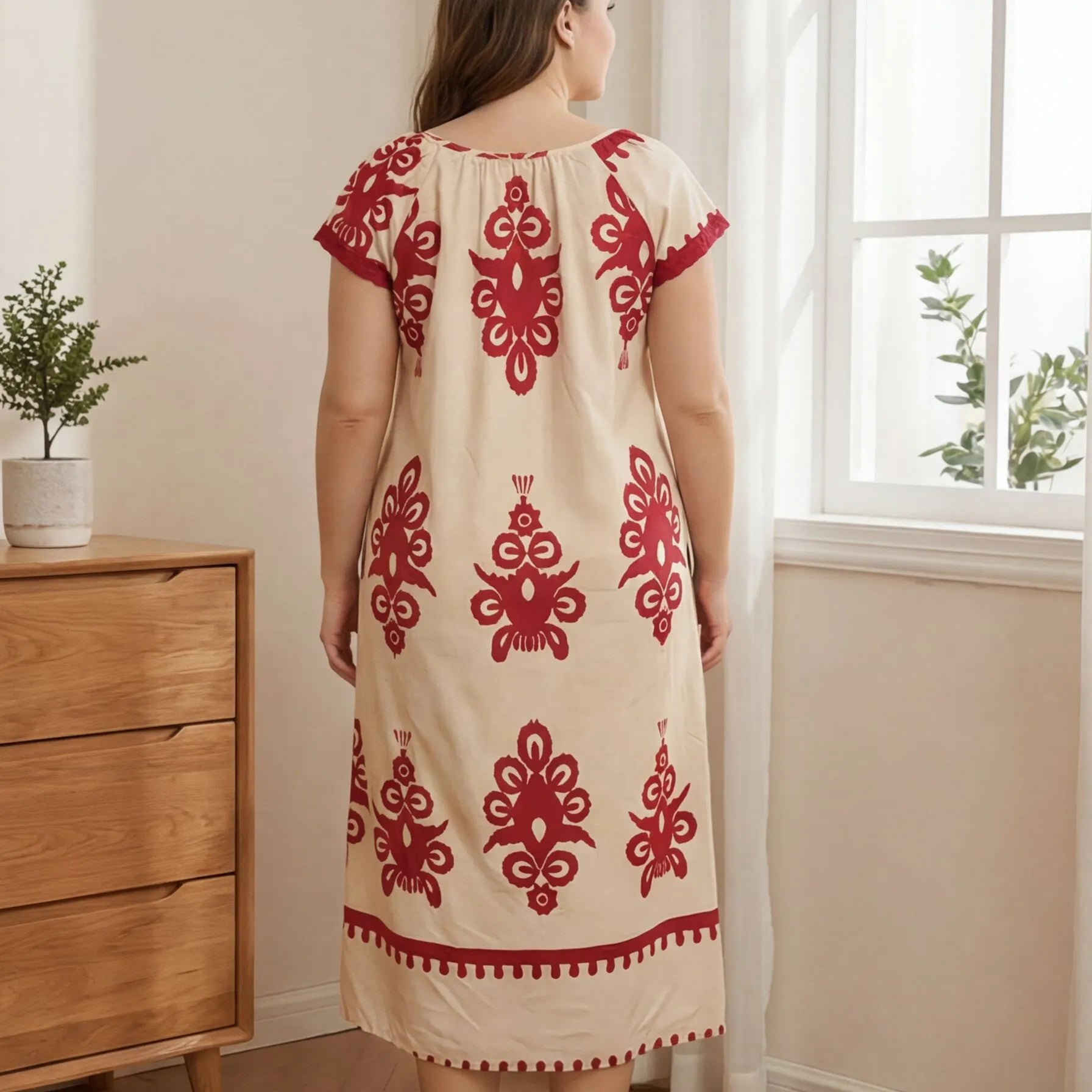 Curvy Bohemian Print Nightdress, Beige Base Red Graphic Short Sleeve Loose Midi Night Gown