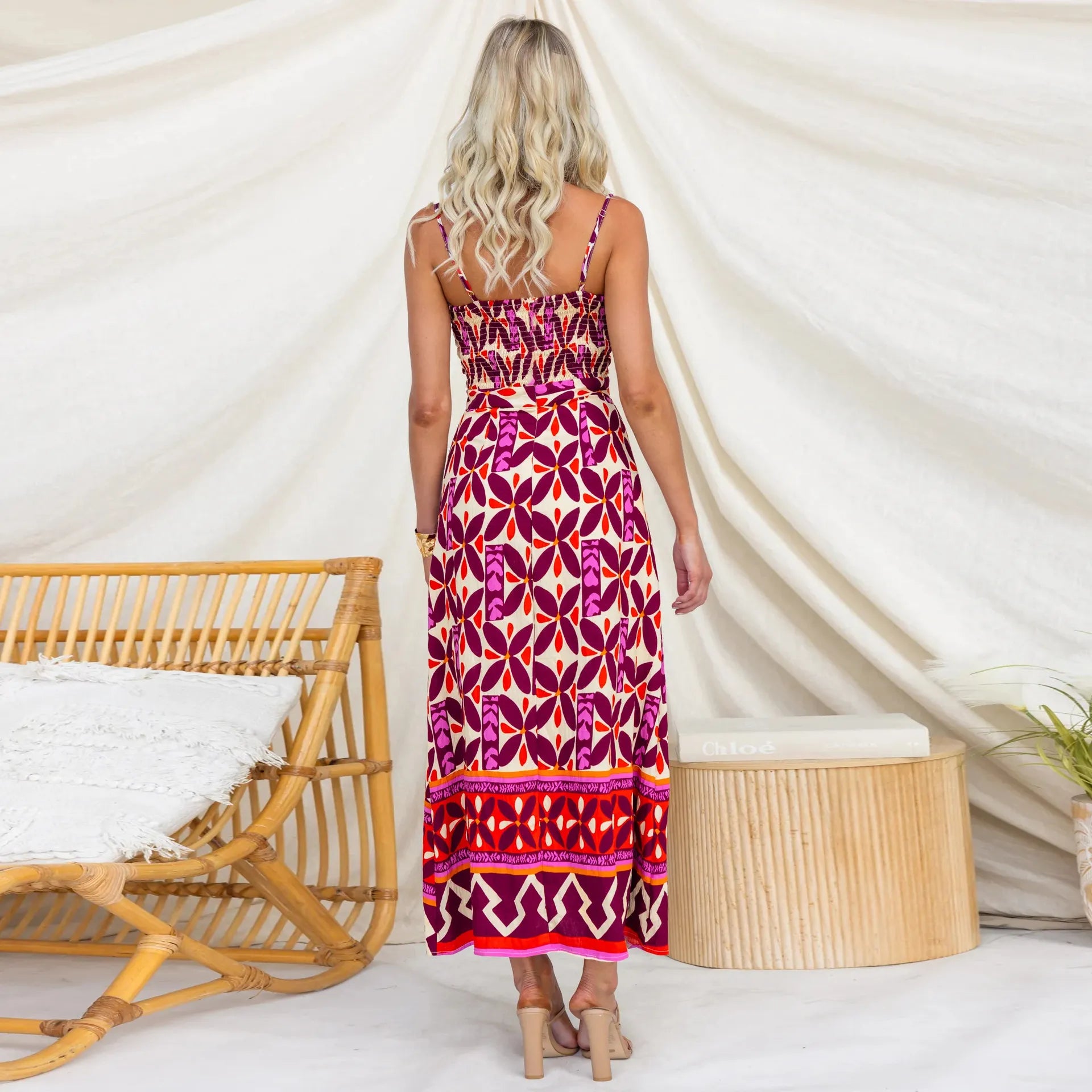 Boho Geometric Print Tie Front Spaghetti Strap High Slit Maxi Dress Slim Fit Campus Beach Outfit