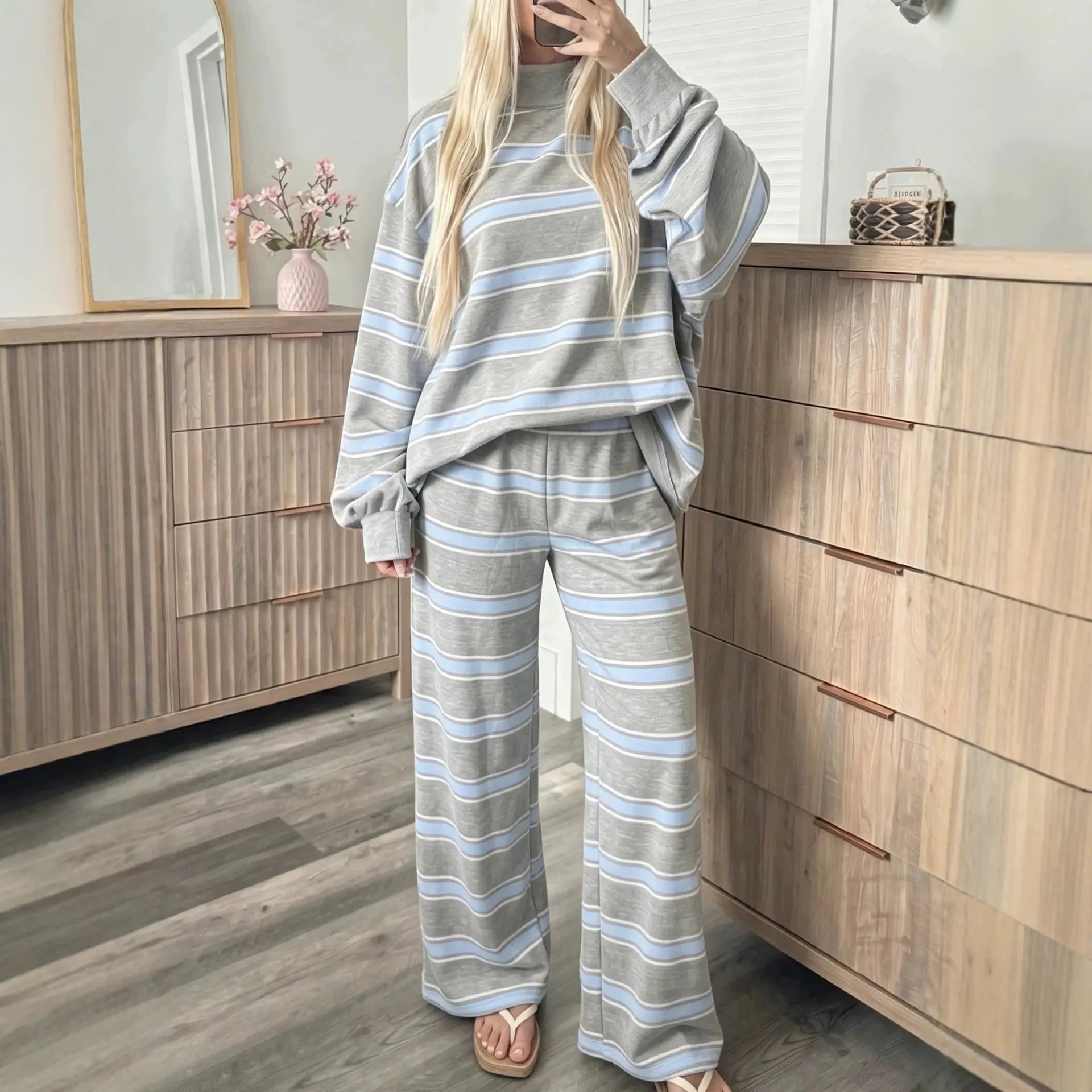 Casual Striped Matching Two Piece Set, Cozy Mock Neck Sweatshirt and Wide Leg Trousers