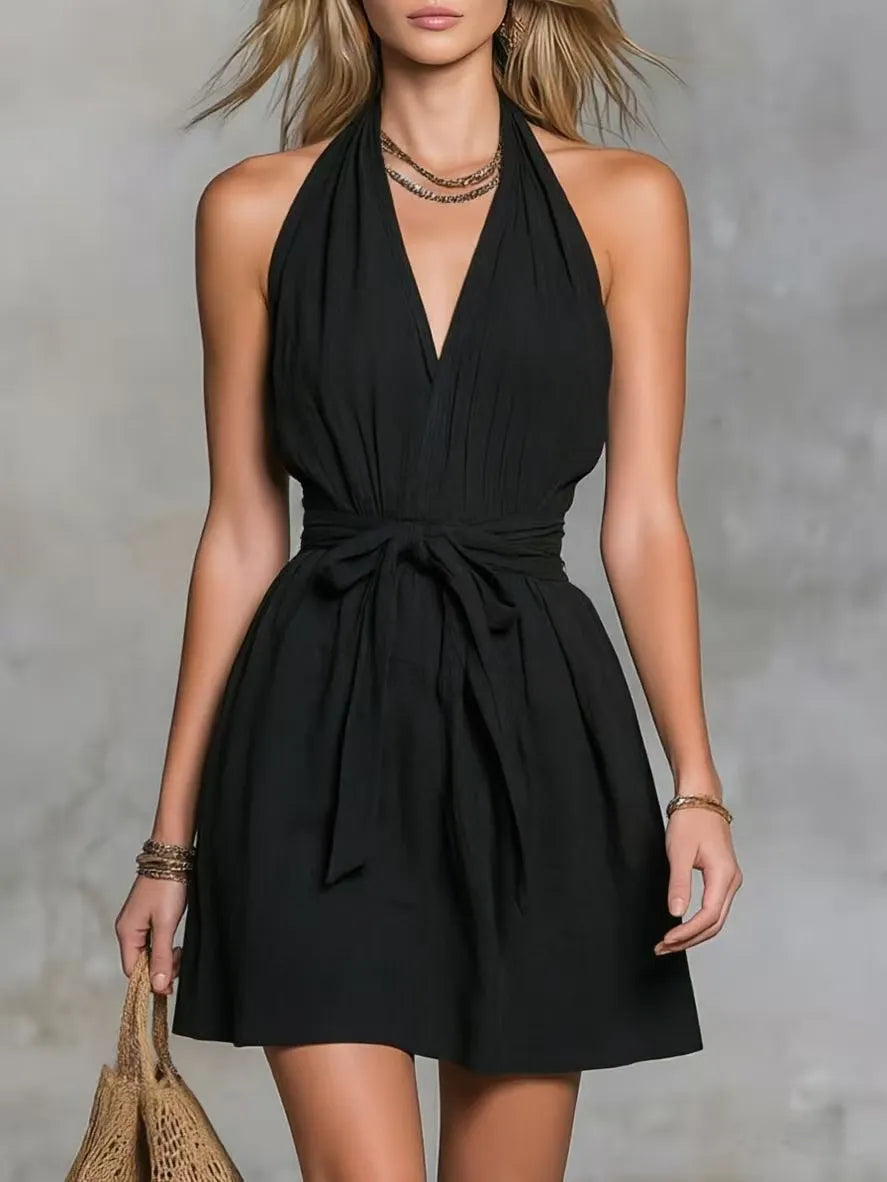 Deep V Halter Self Tie Waist Wrap Mini Dress