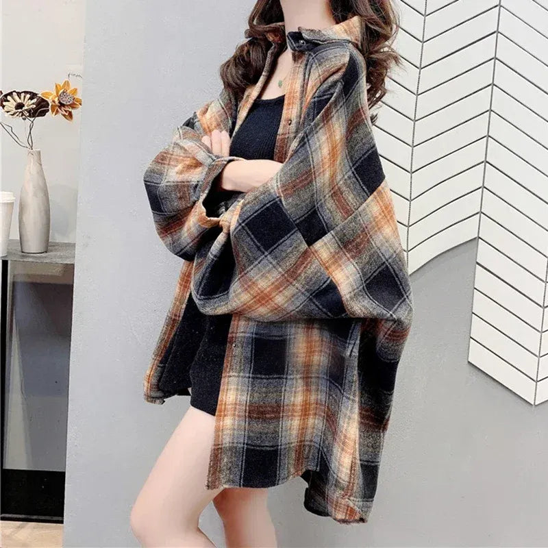 Fall Oversized Brown Black Plaid Shirt, Long Length Button Front Loose Fit Blouse