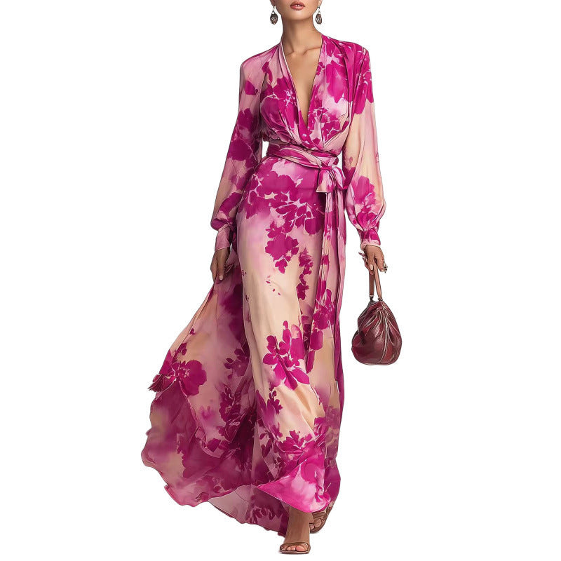 Pink Floral Deep V-Neck Belted Long Sleeve Maxi Dress
