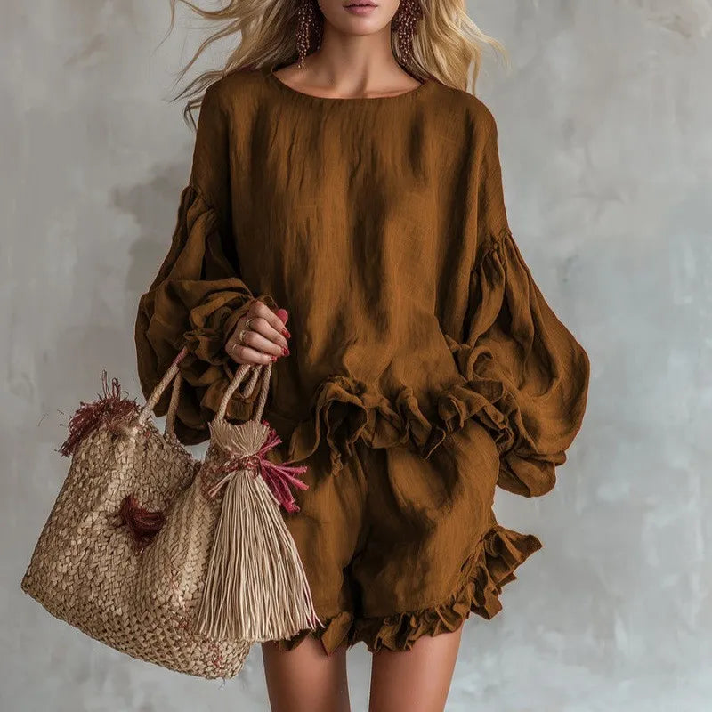 Solid Color Ruffle Trim Lantern Sleeve Top & Shorts Set