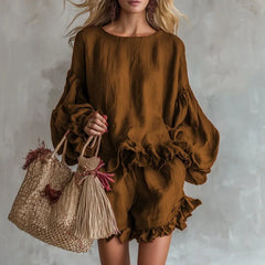 Solid Color Ruffle Trim Lantern Sleeve Top & Shorts Set