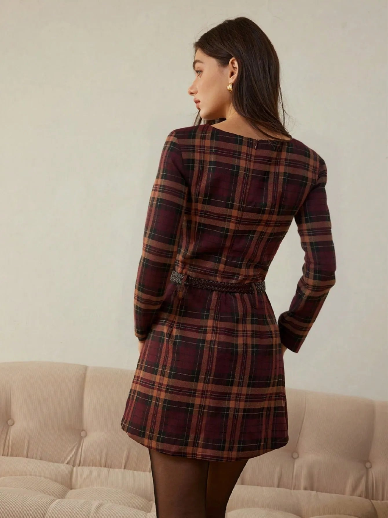 Red Plaid Round Neck Pleated Mini Dress