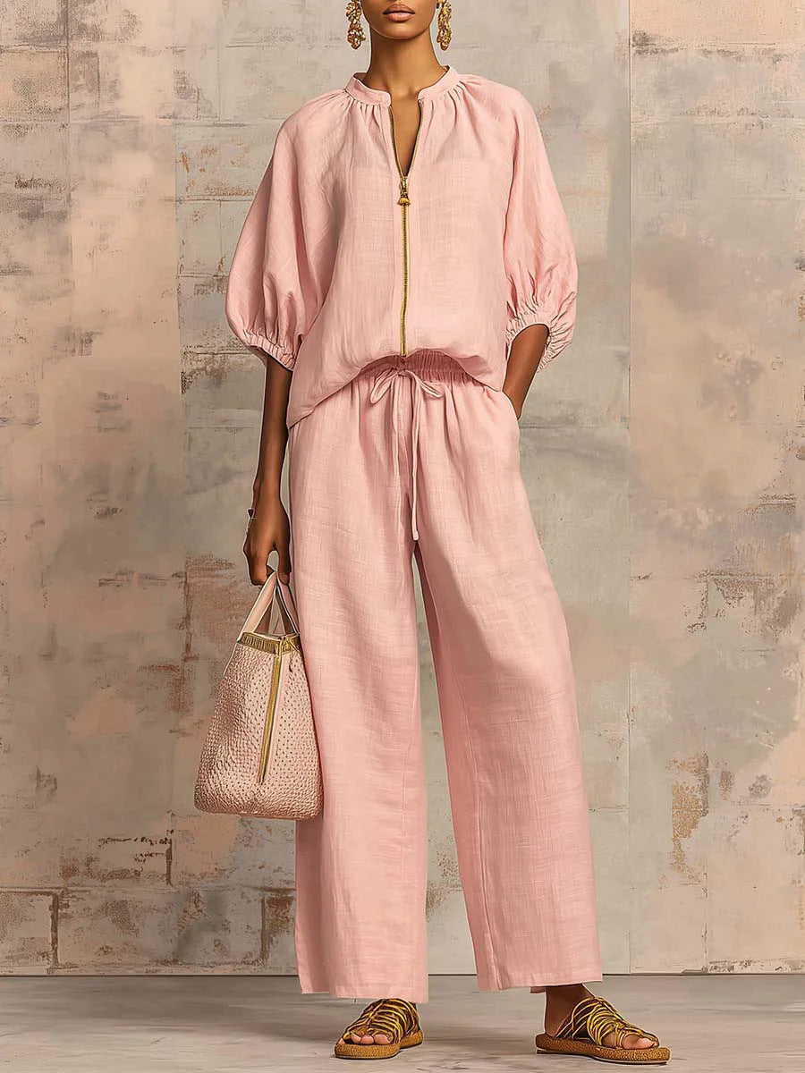 Stand Collar Gold Zip Linen 2 Piece Outfit, Puff Sleeve Drawstring High Waist Wide Leg Pocket Pants