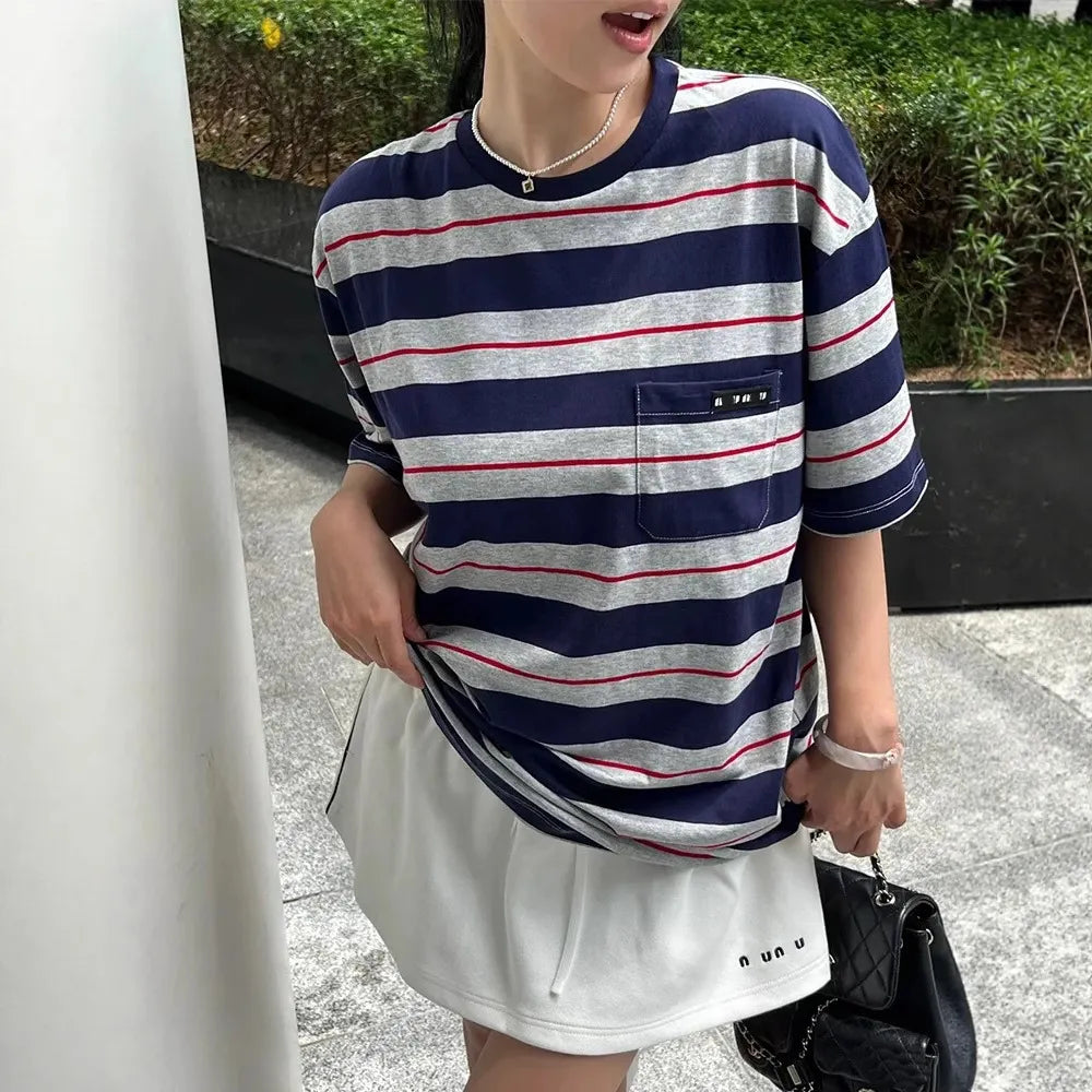 Round Neck Multi-Color Stripe Loose Short Sleeve Cotton T-Shirt