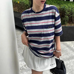 Round Neck Multi-Color Stripe Loose Short Sleeve Cotton T-Shirt