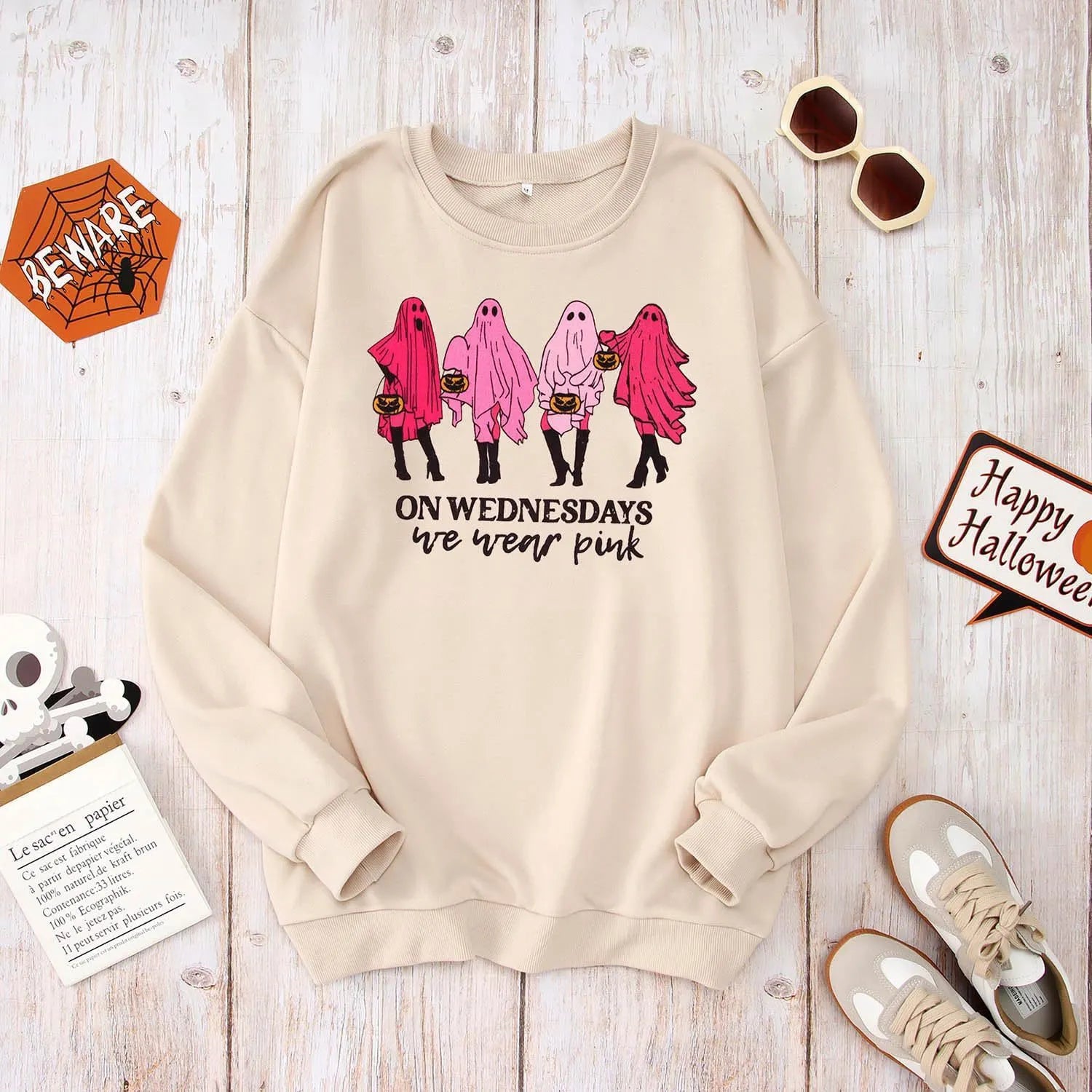 Halloween Pink Ghost On Wednesdays We Wear Pink Print Crew Neck Sweatshirt