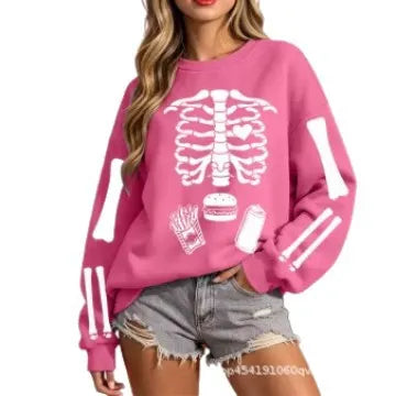 Halloween Skeleton Food Print Crew Neck Sweatshirt