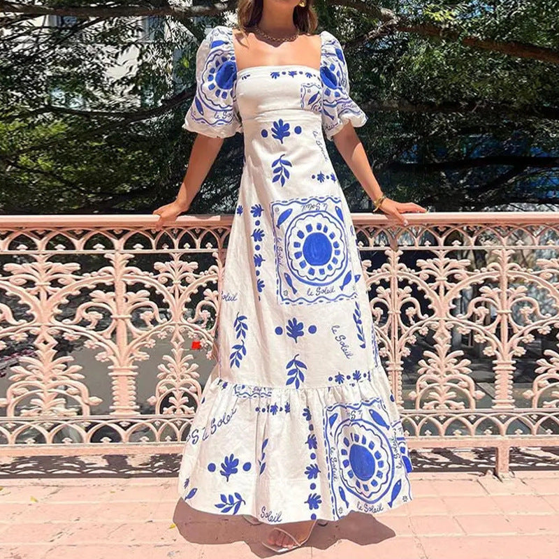 Print Square Neck Puff Sleeve Maxi Dress