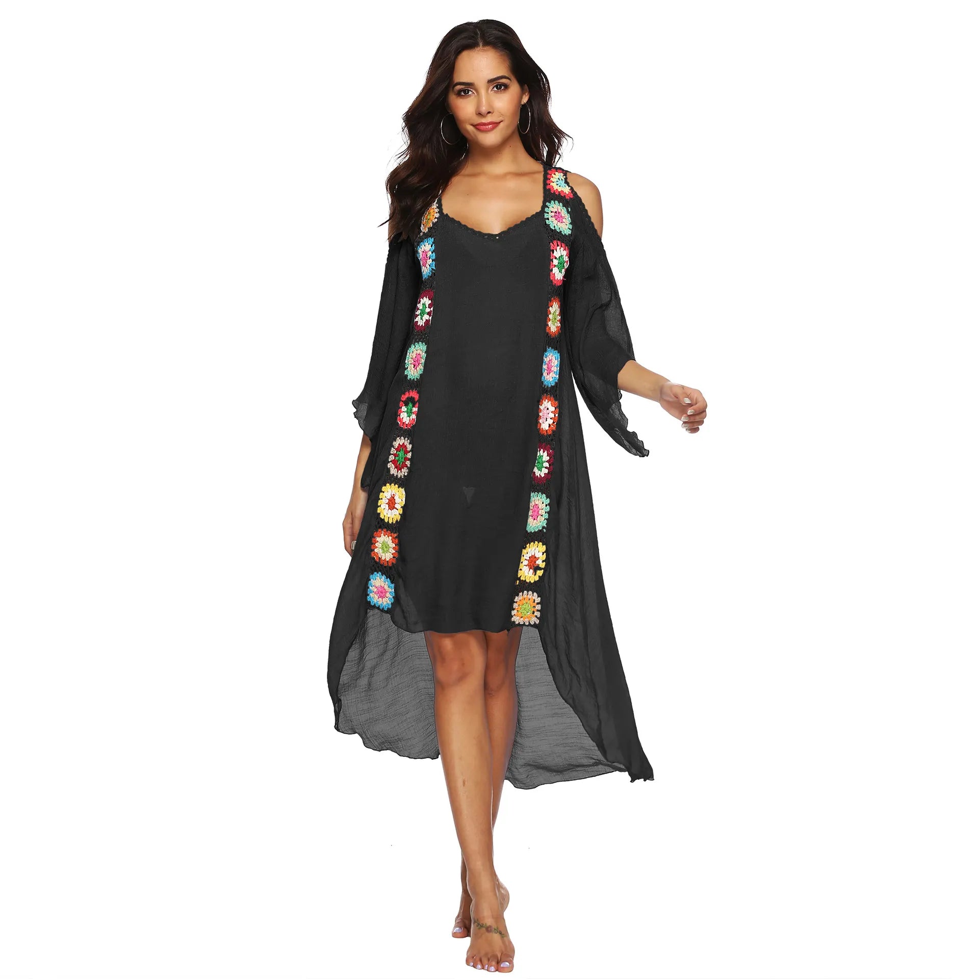 Colorful Crochet Irregular Cold Shoulder Cover-Up Dress