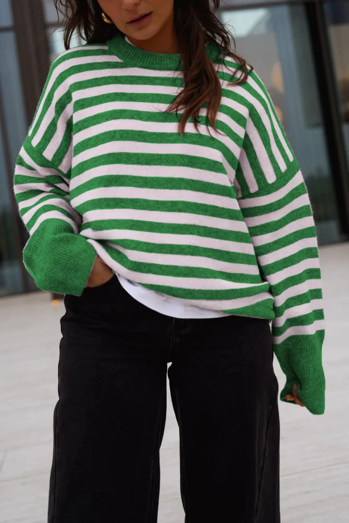 Bold Striped Loose Knit Jumper Crew Neck Drop Shoulder Casual Long Sleeve Sweater