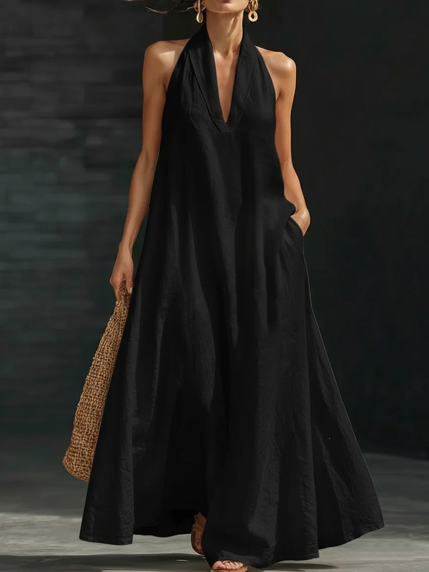 Solid Color Halter Neck A-Line Maxi Dress