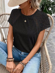 Apricot Lace Spliced Round Neck Short Sleeve T-Shirt