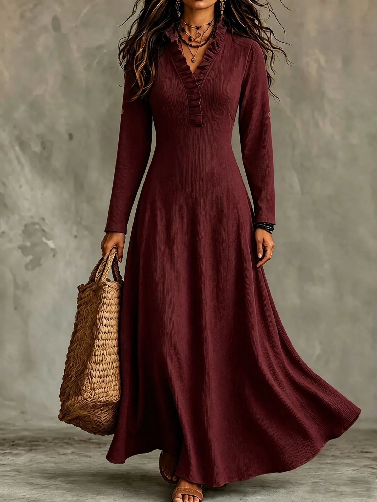 Olive Green Ruffled V-Neck Long Sleeve Flowy Maxi Dress