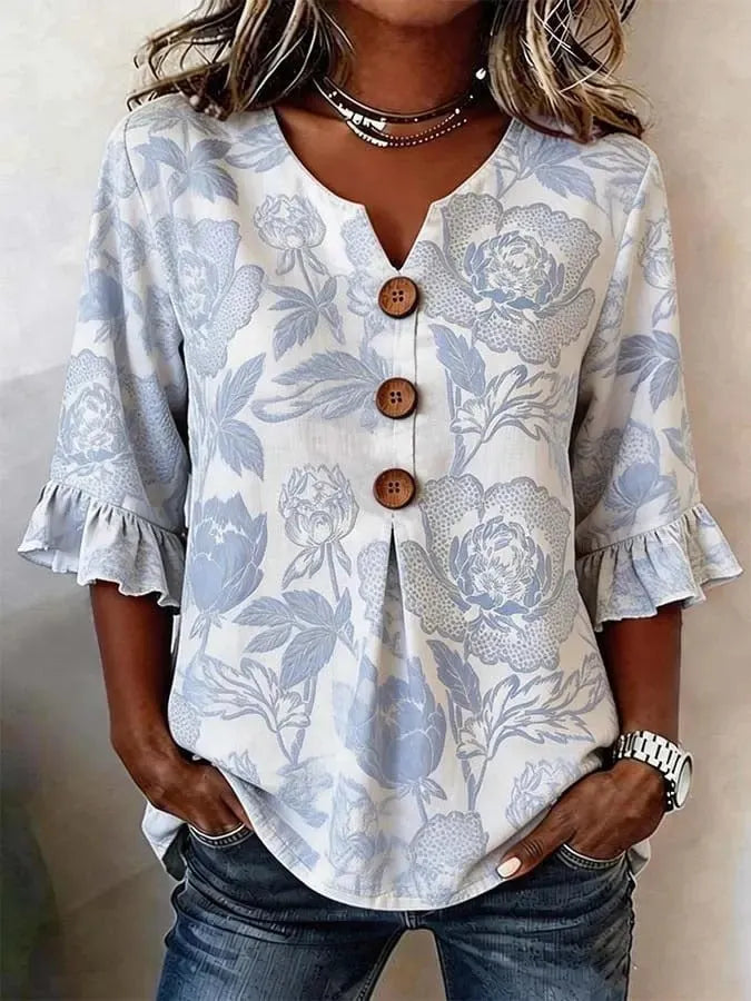 Round Neck Floral Printed Single Breasted 3/4 Ruffle Sleeve Loose Blouse