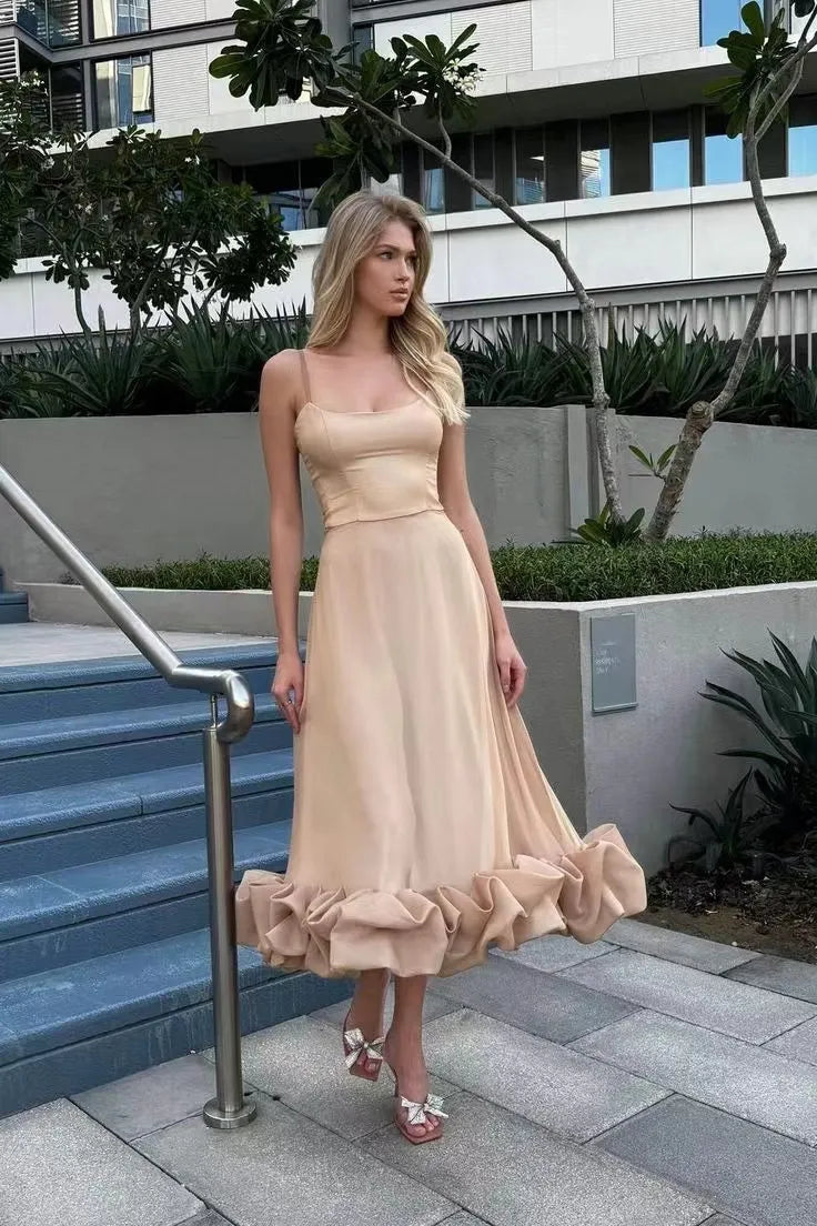 Solid U-Neck Sleeveless High Waist Pleated Flare Midi Dress