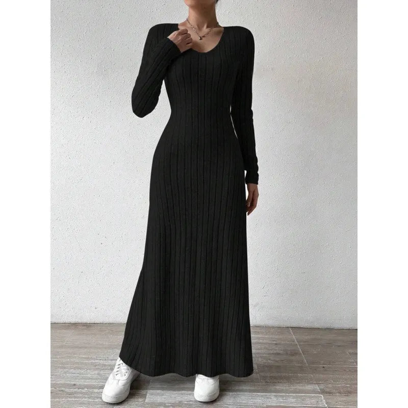 Round Neck Long Sleeve Ribbed Knit Slim A-Line Maxi Dress