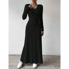 Round Neck Long Sleeve Ribbed Knit Slim A-Line Maxi Dress